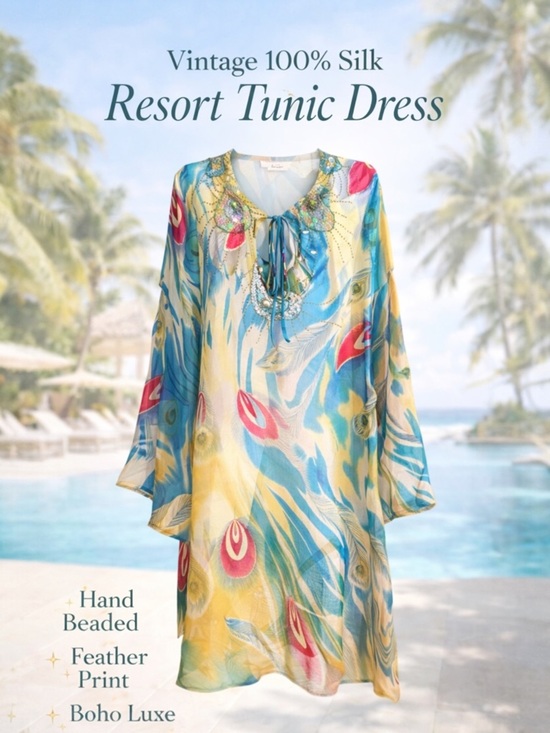 Anis A. Other - Vintage Anis A 100% Silk Tunic Dress L Beaded Feather Print Boho Resort Luxe